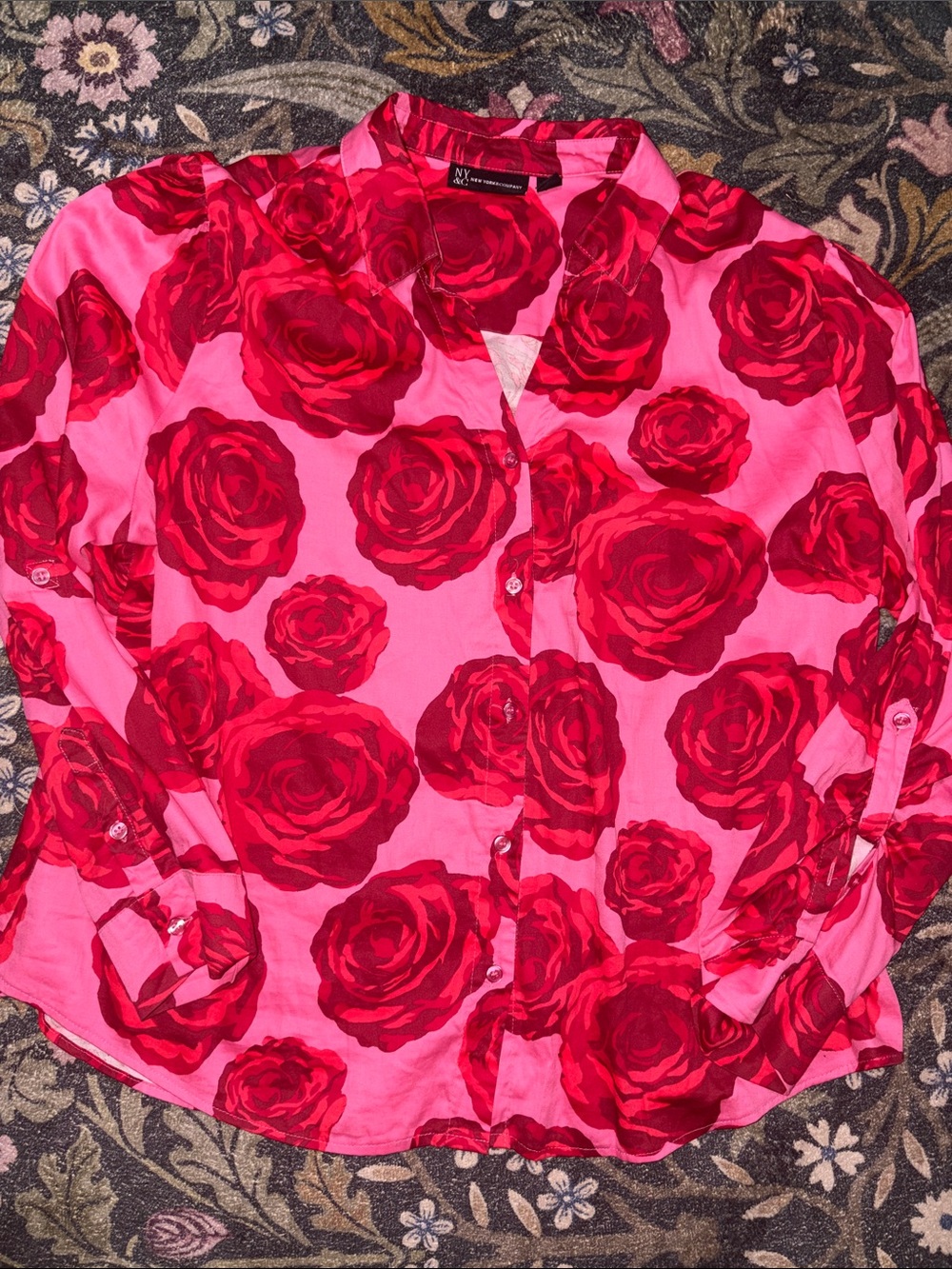 NY Collection Hot Pink Button-Down Shirt with Red Rose Print